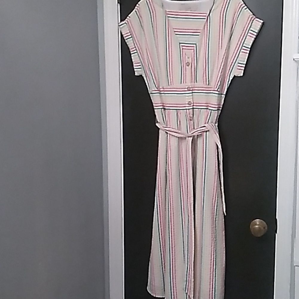 LOFT Striped Dress with Belt - Pink, Green, Cream
